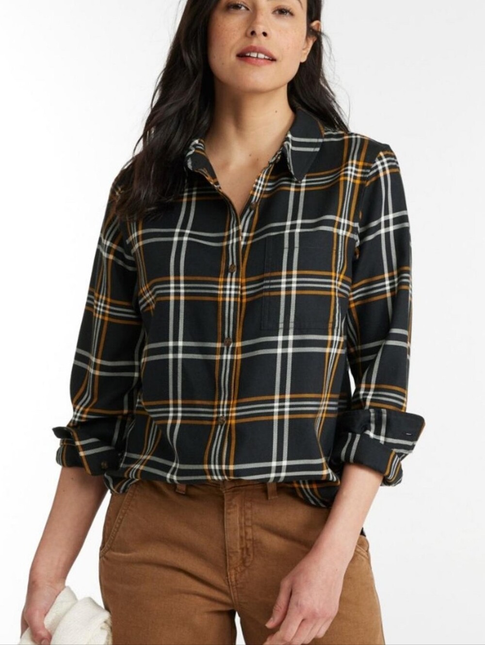 L.L.Bean Feather Black Gold Plaid Soft Twill Shirt Womens Size Medium